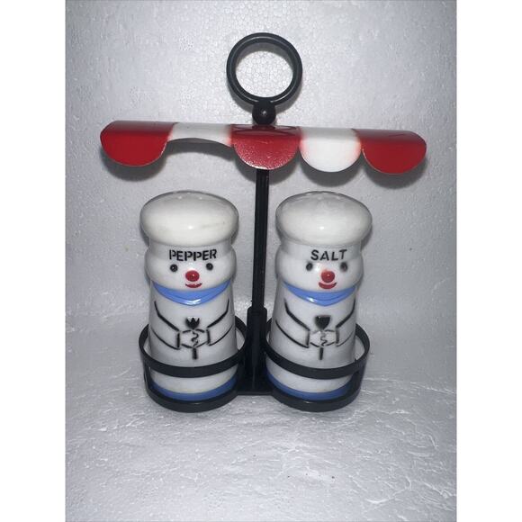 Vintage Chef Salt Pepper Shakers with Holder Canopy Awning - 1960’s Hong Kong - Picture 1 of 5
